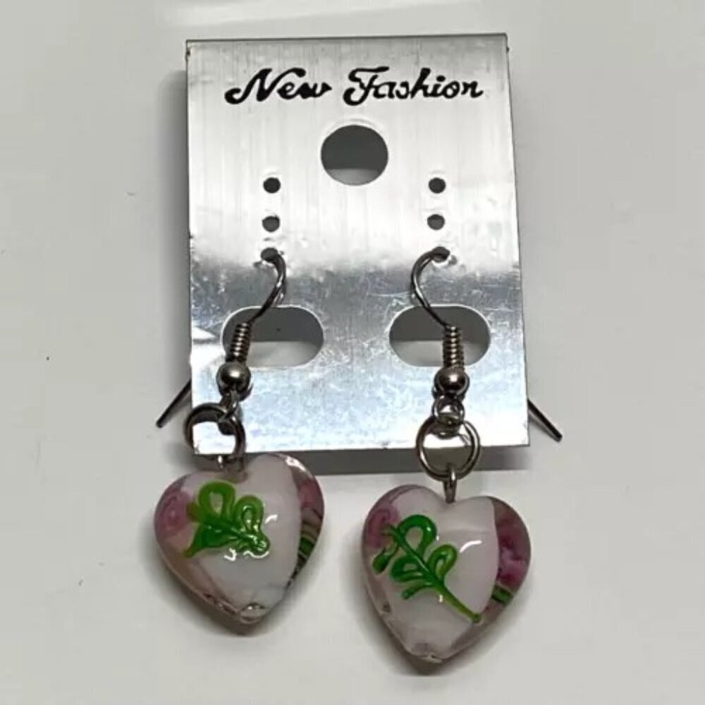New Fashion Brand Earrings Murano Style Pink Glass Heart Beads Dangle Hook NWT